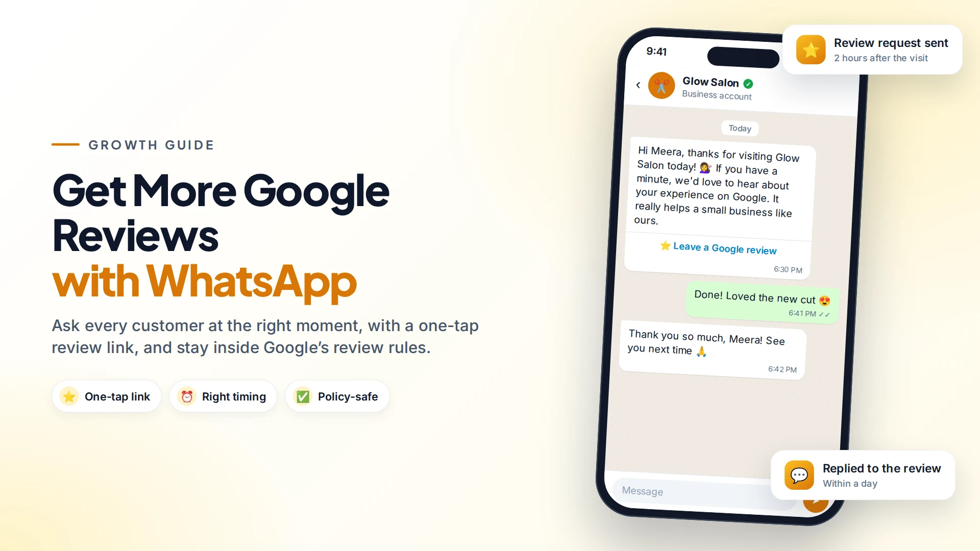 Phone showing a salon WhatsApp message asking a customer to leave a Google review with a one-tap button