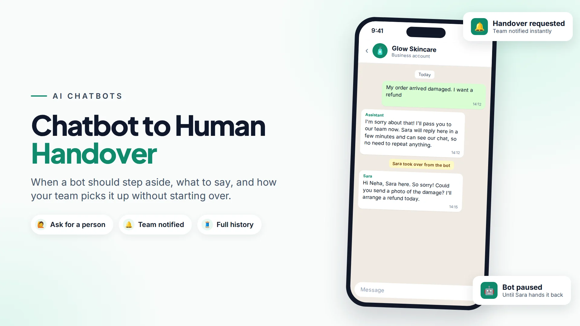 A WhatsApp conversation where an AI assistant answers two questions, then says a team member named Sara will take over, and Sara replies
