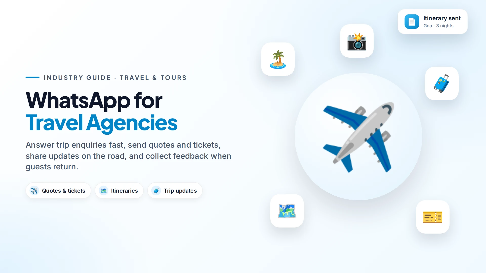 Illustration of an aeroplane with island, suitcase, map, camera and ticket icons, and an itinerary-sent notification