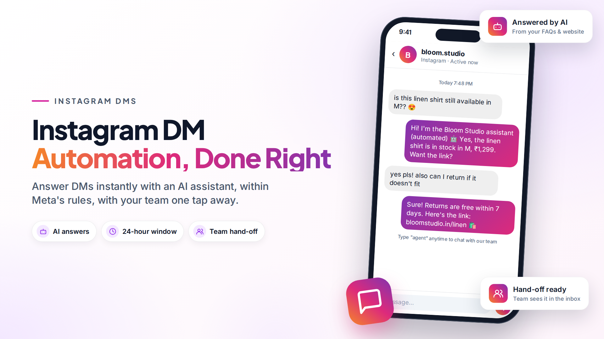 Phone showing an Instagram DM where an automated assistant answers a customer question about size and returns