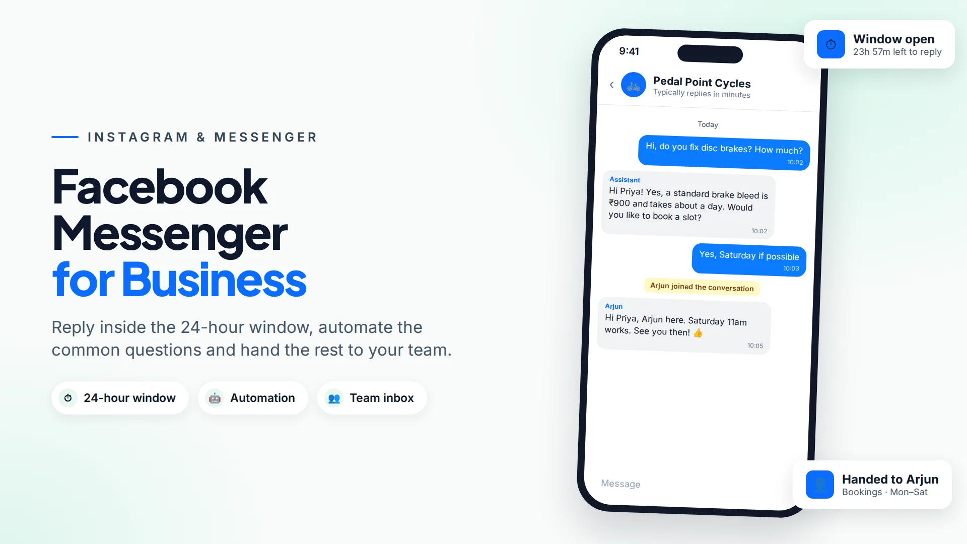A Facebook Messenger chat between a customer and a local business, answered from a shared team inbox