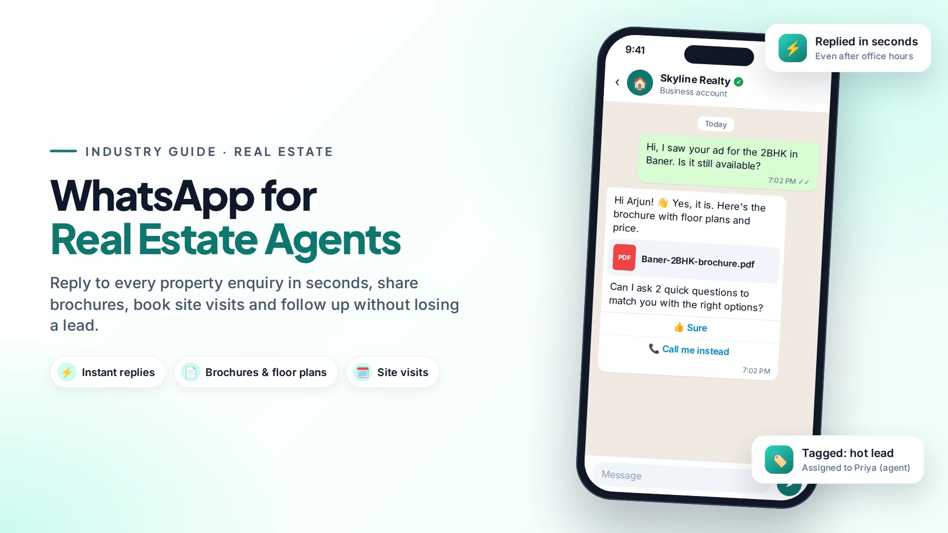 Phone showing a real estate agency WhatsApp chat that replies to a 2BHK enquiry with a PDF brochure and quick-reply buttons