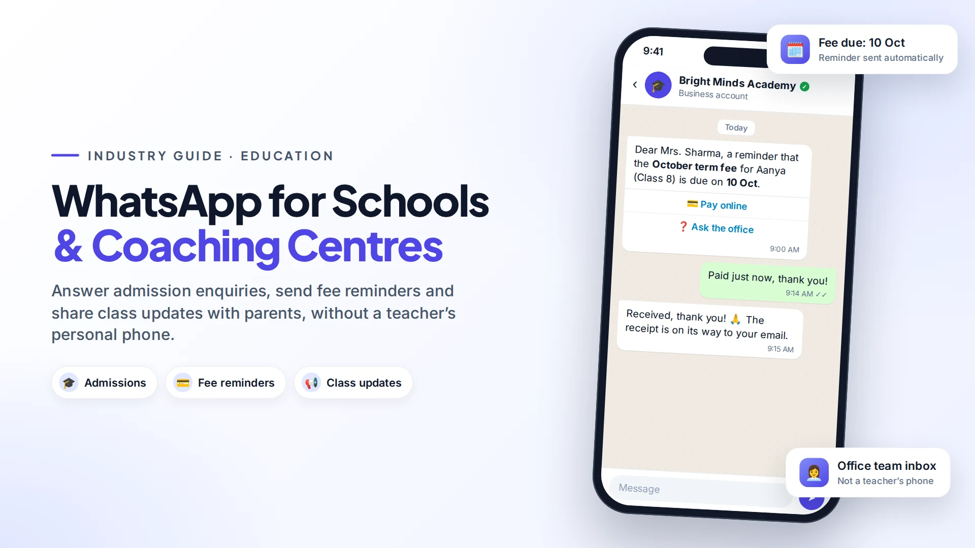 Phone showing a school WhatsApp fee reminder to a parent with Pay online and Ask the office buttons