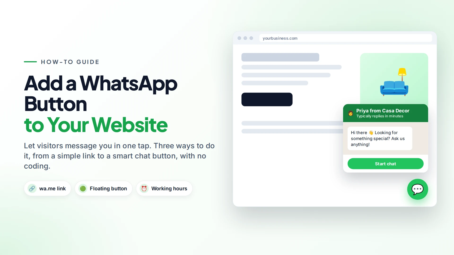 Website mockup with a floating WhatsApp chat button and a greeting pop-up with a Start chat button