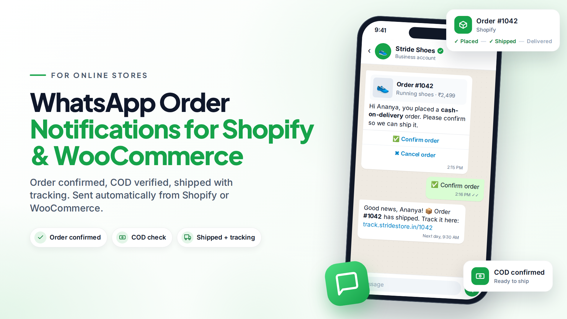 Phone showing a WhatsApp cash-on-delivery confirmation and a shipped-order message with a tracking link
