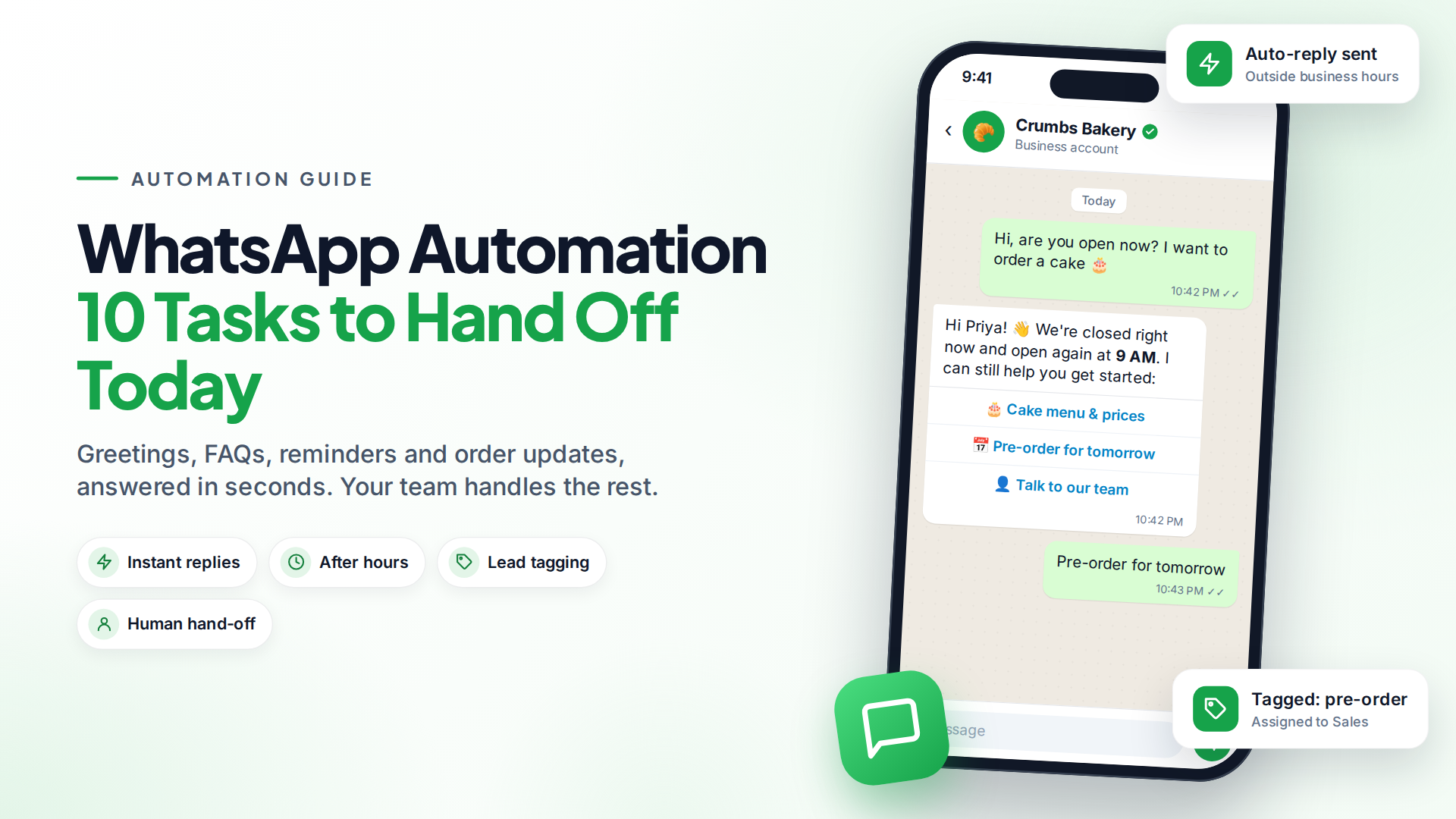 Phone showing a bakery WhatsApp chat where an automatic after-hours reply offers menu, pre-order and talk-to-team buttons