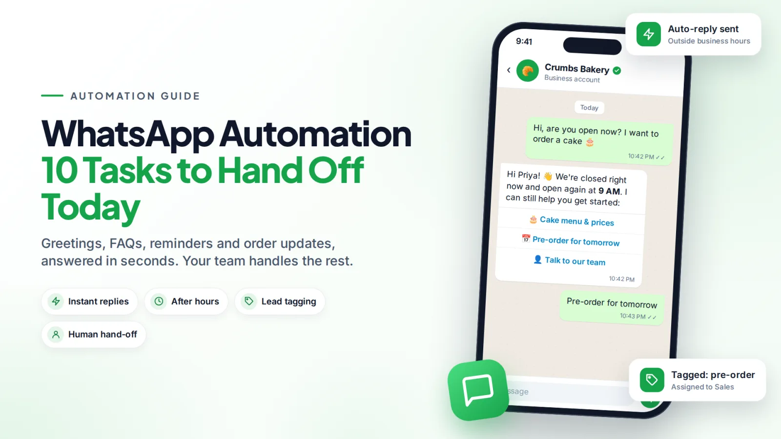 Phone showing a bakery WhatsApp chat where an automatic after-hours reply offers menu, pre-order and talk-to-team buttons