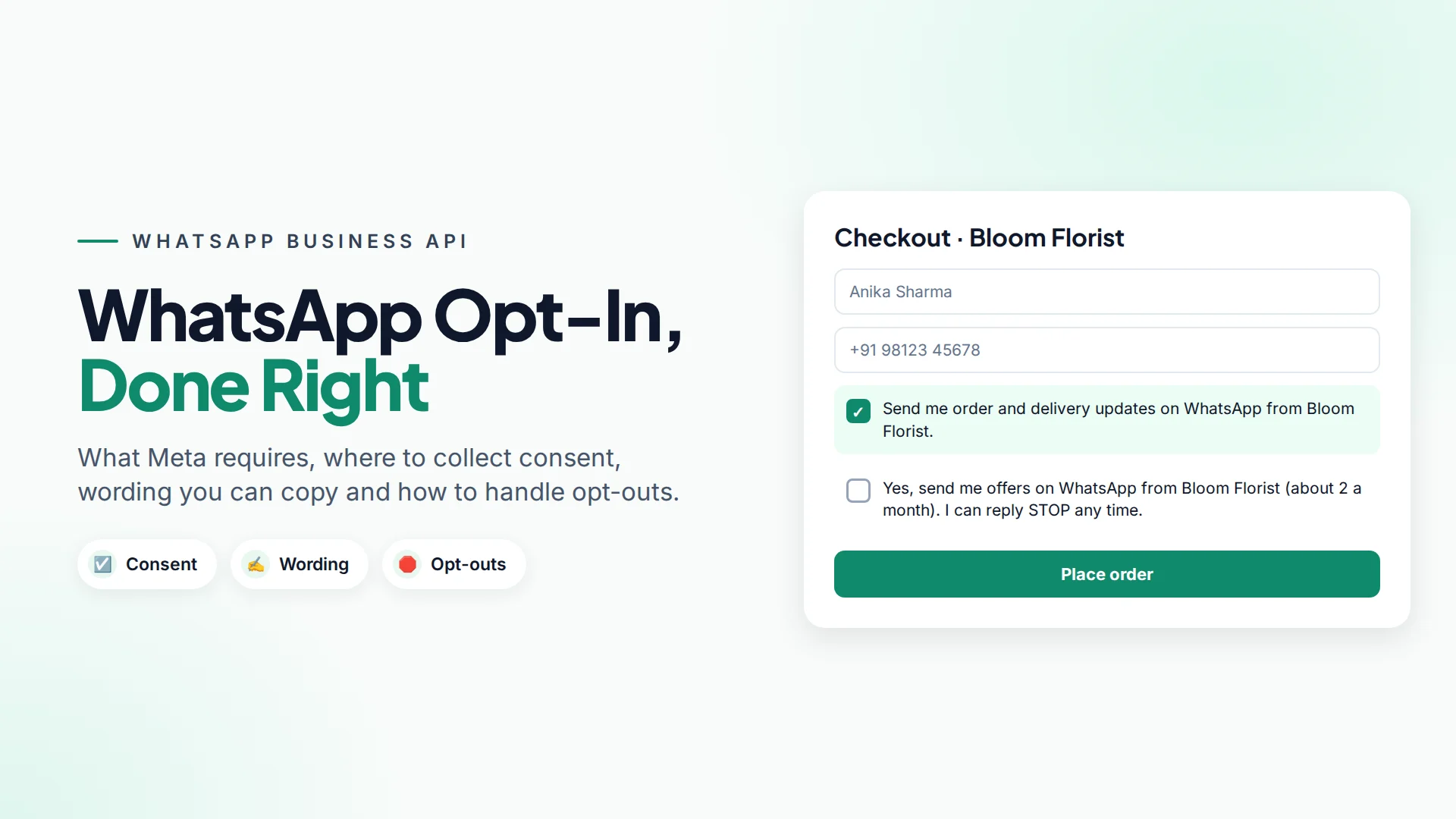 A website sign-up form with an unticked checkbox reading "Send me order updates and offers on WhatsApp from Bloom Florist"