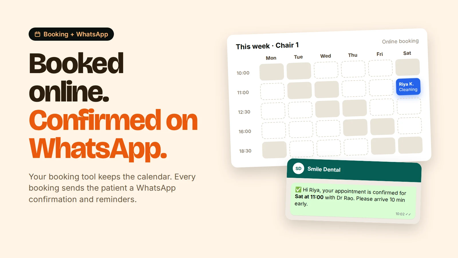 Weekly dental booking calendar with a Saturday 11:00 slot booked, and the WhatsApp confirmation the patient receives, under the headline "Booked online. Confirmed on WhatsApp."