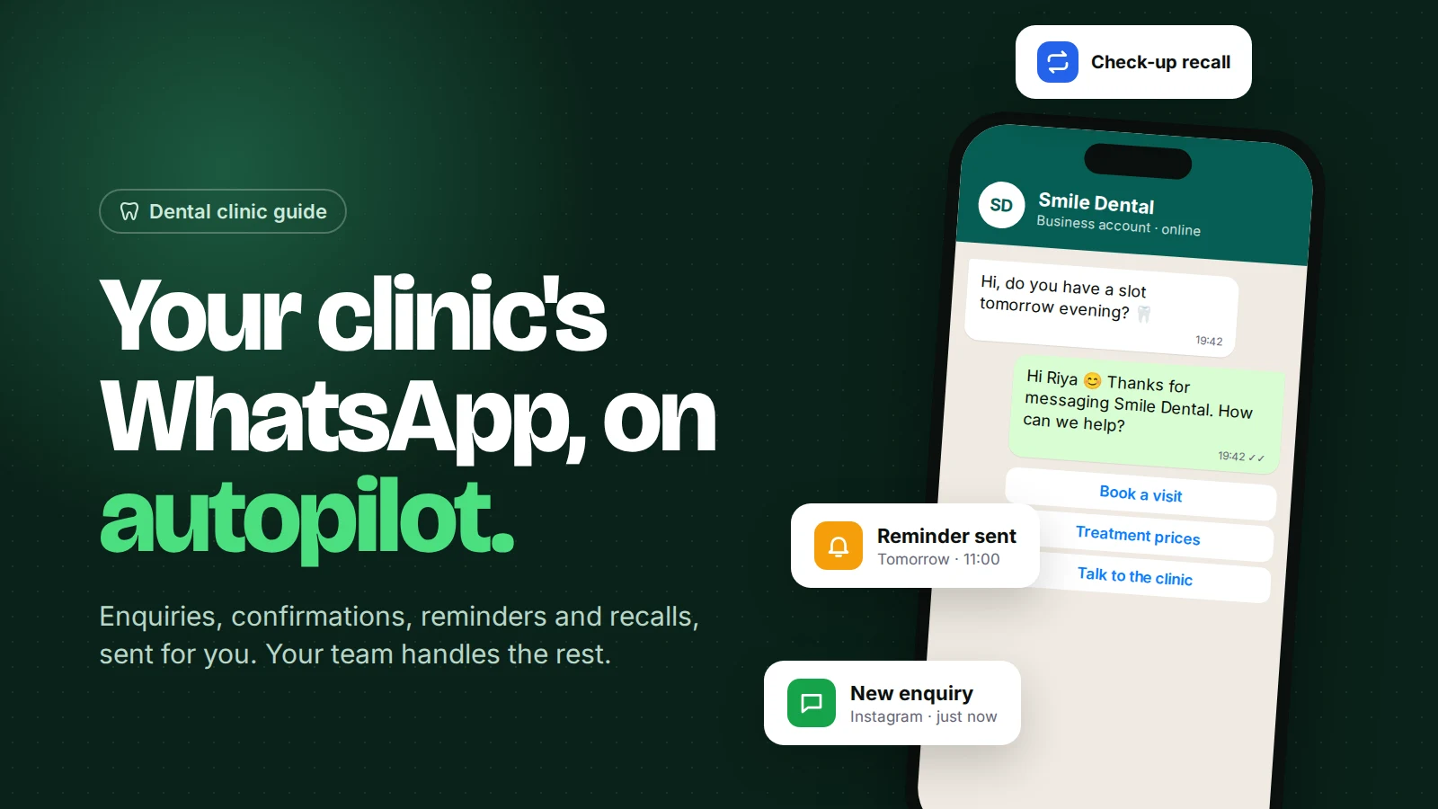 Headline "Your clinic's WhatsApp, on autopilot" beside a phone where a dental clinic replies instantly to a patient with booking buttons, plus reminder and recall notifications