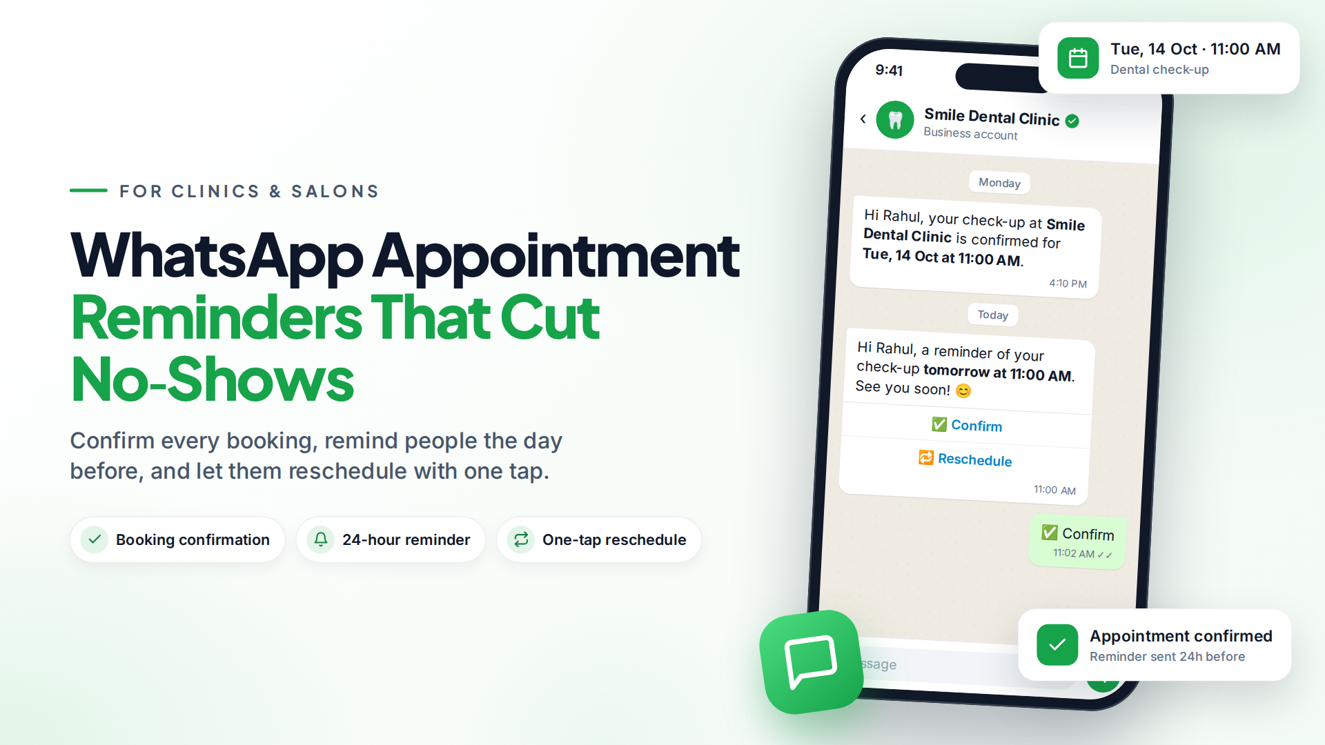 Phone showing a dental clinic WhatsApp appointment confirmation and a 24-hour reminder with Confirm and Reschedule buttons