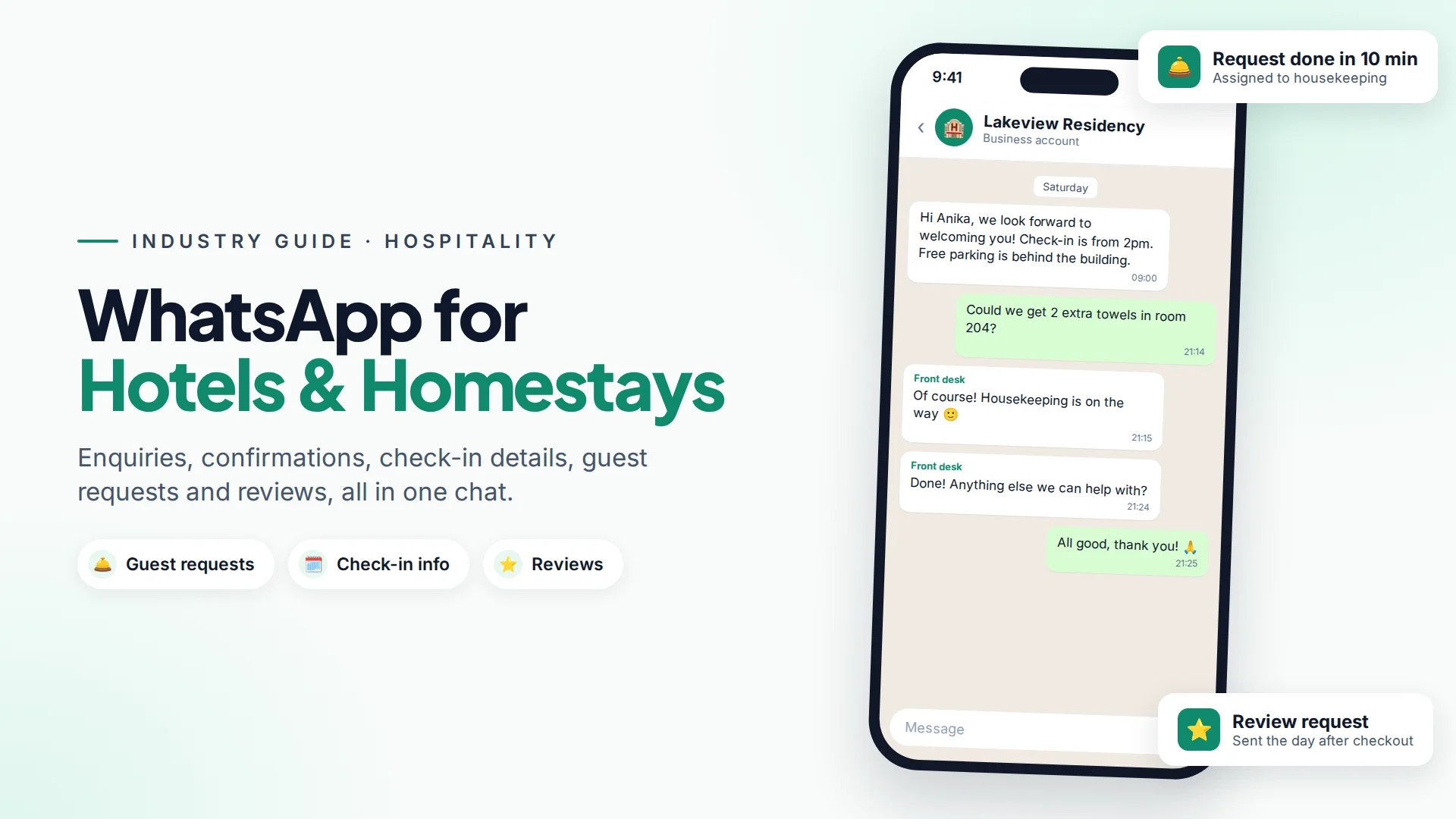 A guest's WhatsApp chat with a hotel showing check-in details, a towel request answered in minutes and a thank-you message after checkout