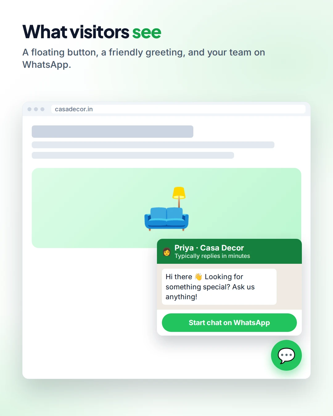 Website with a floating WhatsApp chat button and a pop-up showing an agent name, a greeting and a Start chat button