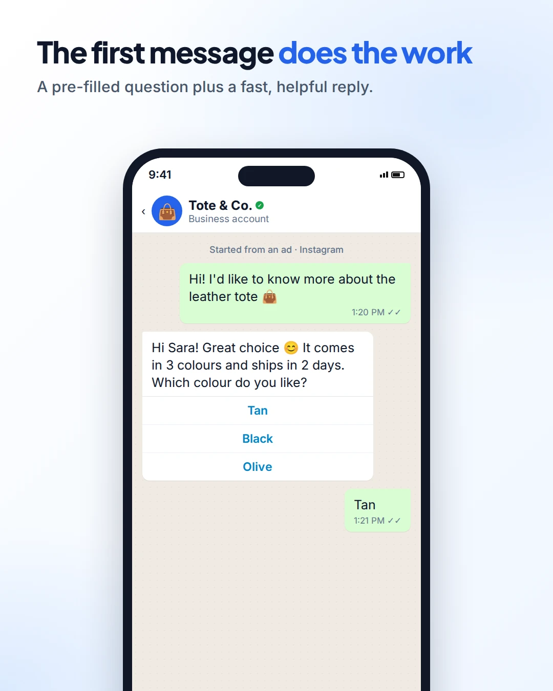 WhatsApp chat that started from an Instagram ad: the customer asks about a leather tote and the business replies with colour options as buttons
