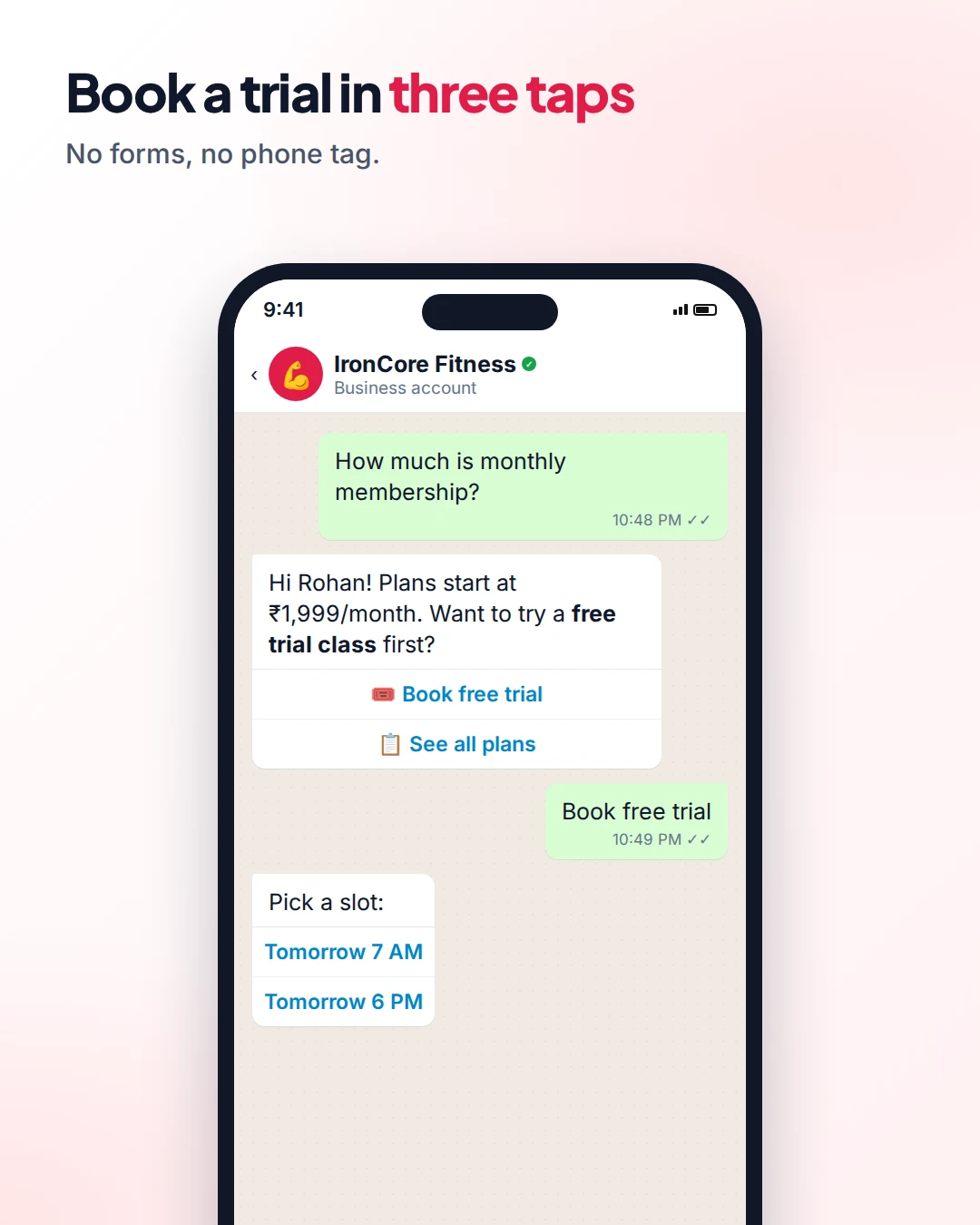 WhatsApp chat where a prospect asks about membership price, gets the starting price with a free trial offer, and picks a trial slot from buttons