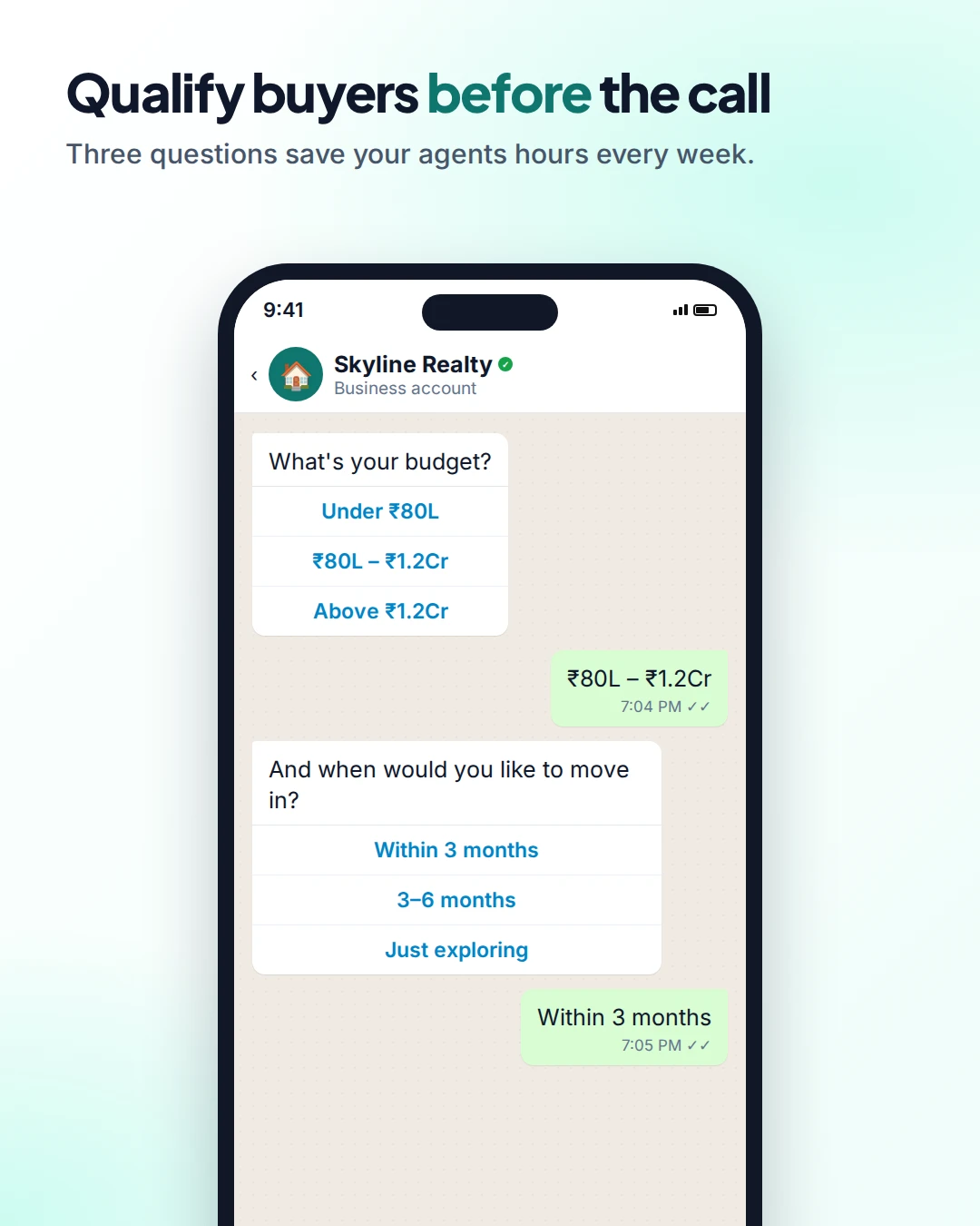 WhatsApp chat where a real estate agency asks a buyer about budget and move-in time using reply buttons