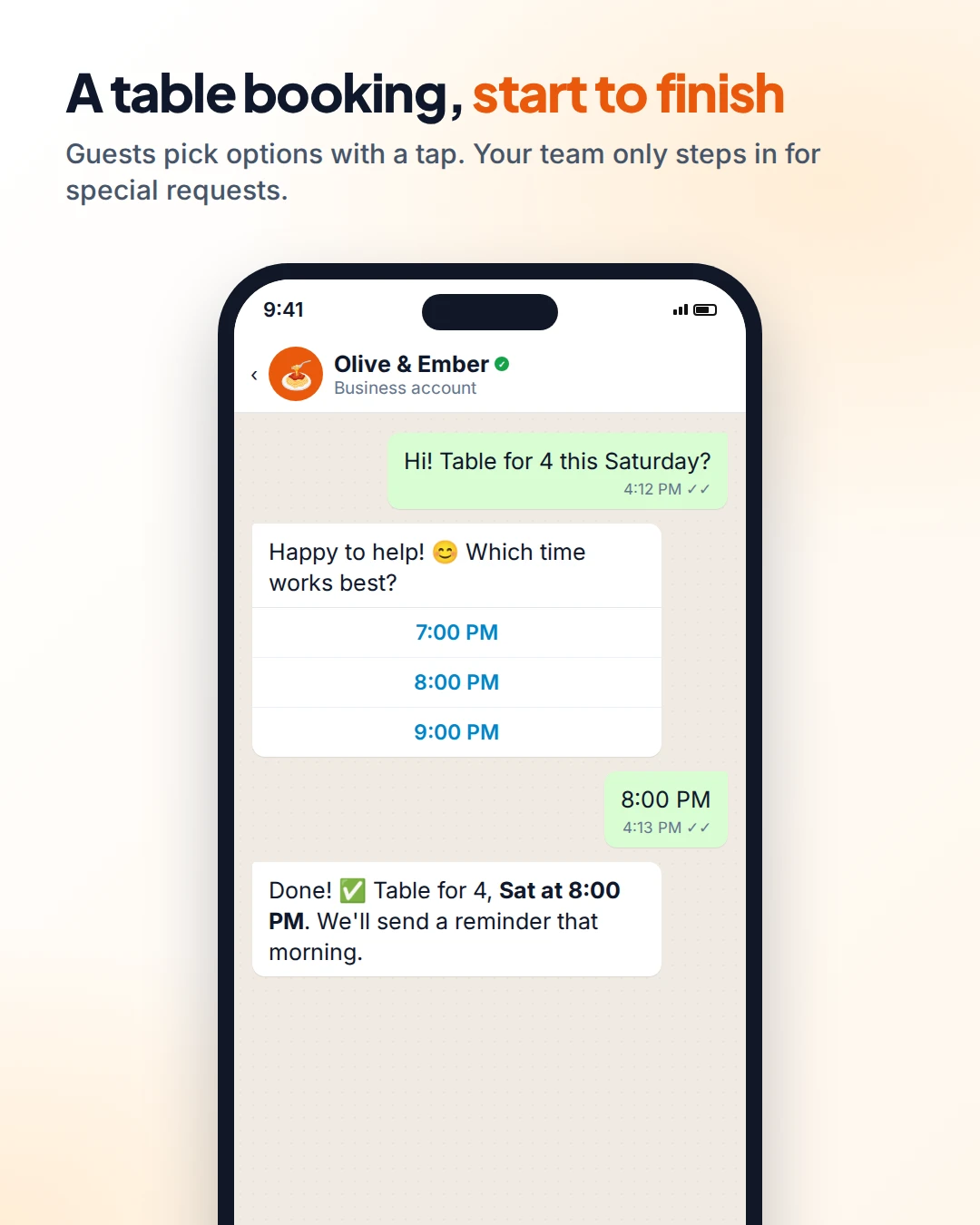 WhatsApp chat where a guest books a table for four and picks 8 PM from time buttons, then gets a confirmation
