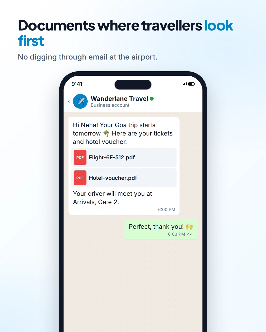 WhatsApp chat where a travel agency sends flight tickets and a hotel voucher as PDFs the day before a trip, with pickup details