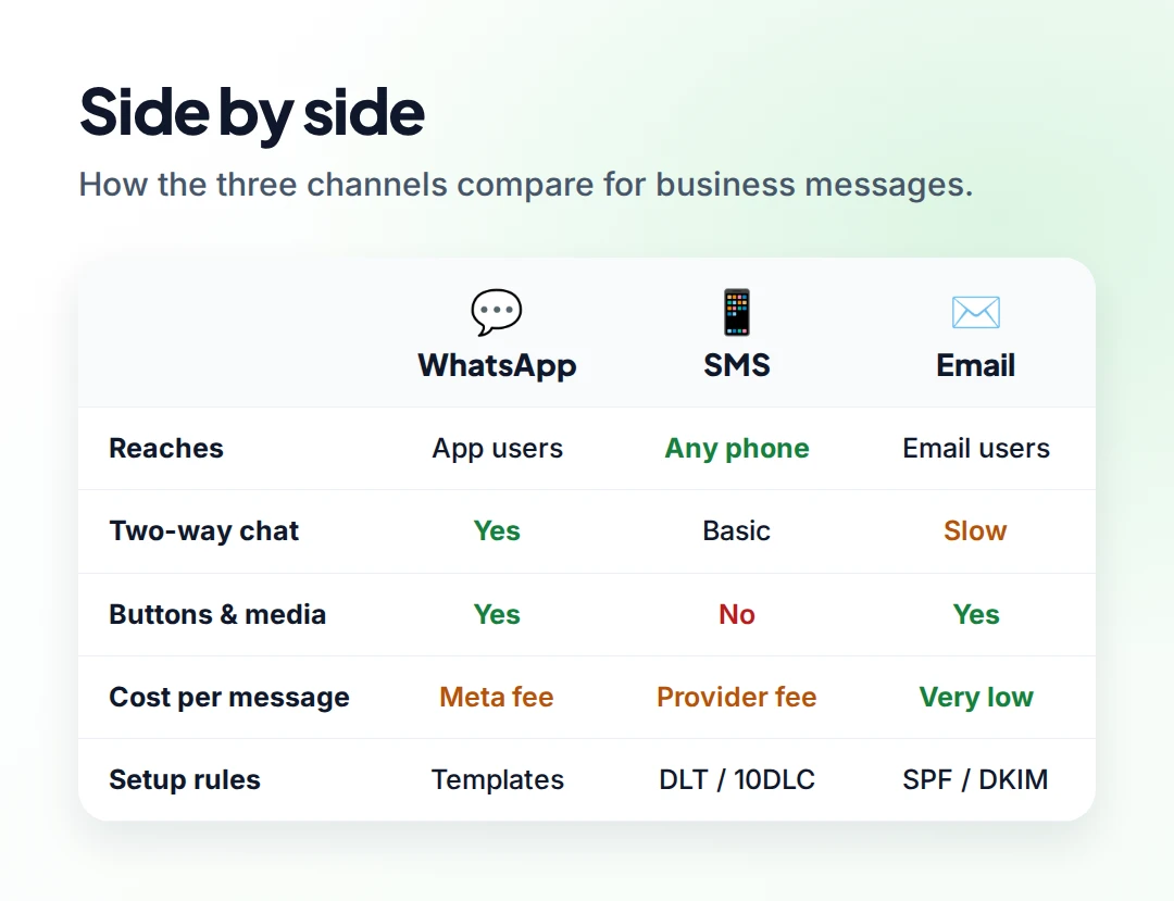 Comparison table of WhatsApp, SMS and email on reach, two-way chat, buttons and media, cost per message, and setup rules